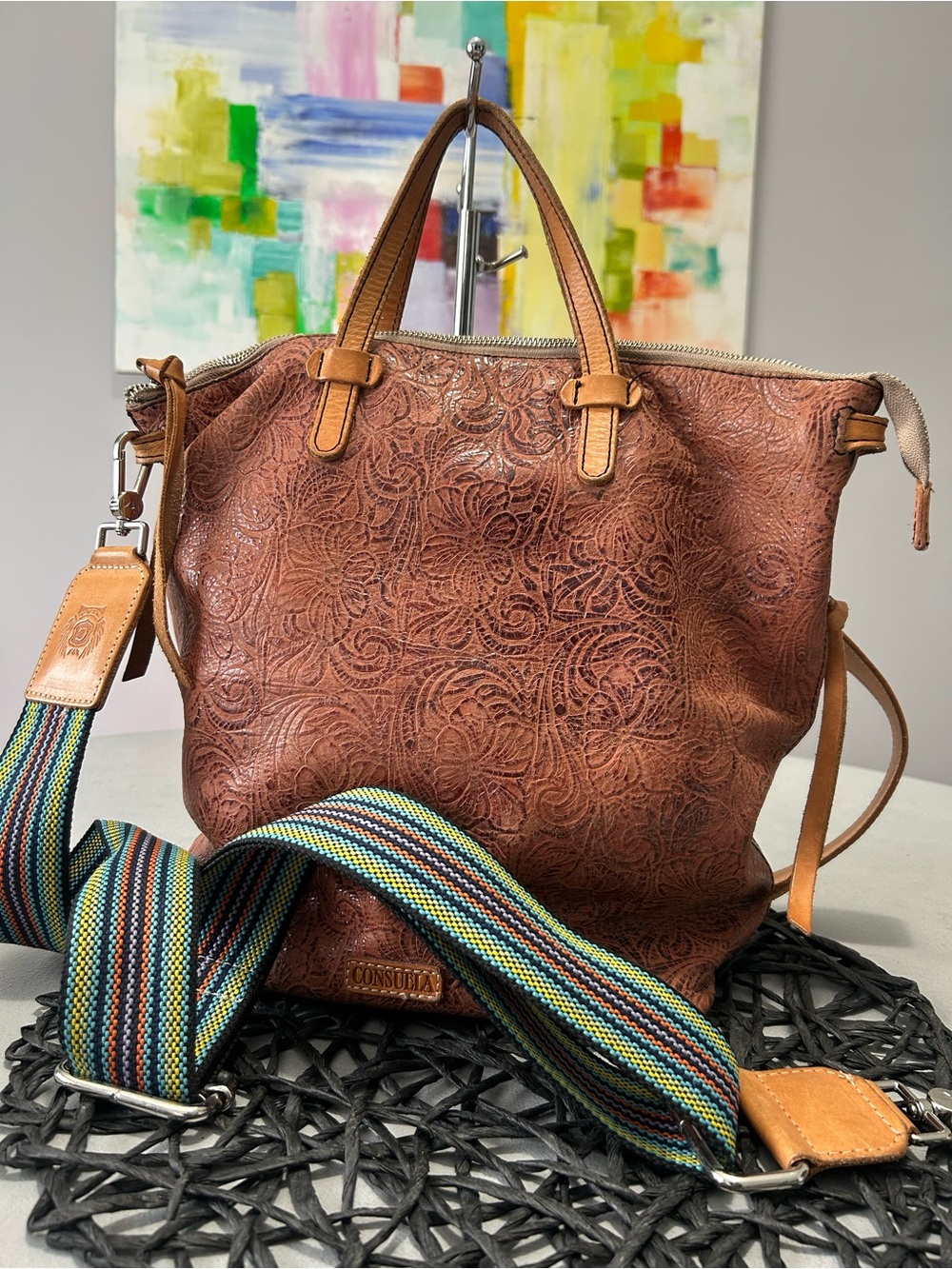 Consuela Sally Sling Hobo Backpack Tooled Floral Embossed Leather Bag